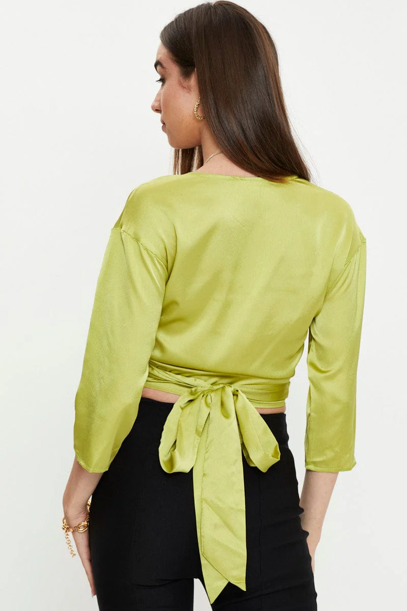 Green 3/4 Sleeve Satin Tie Up Top