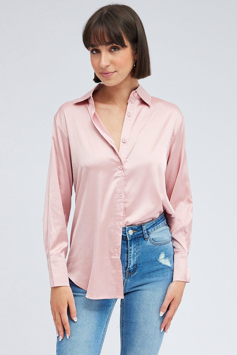 Pink Shirt Long Sleeve Collared Neck Satin