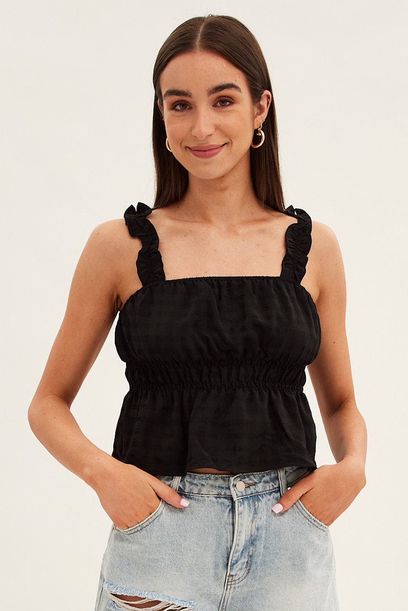 Black Ruffle Top Self Check Strap Gathered Waist Crop