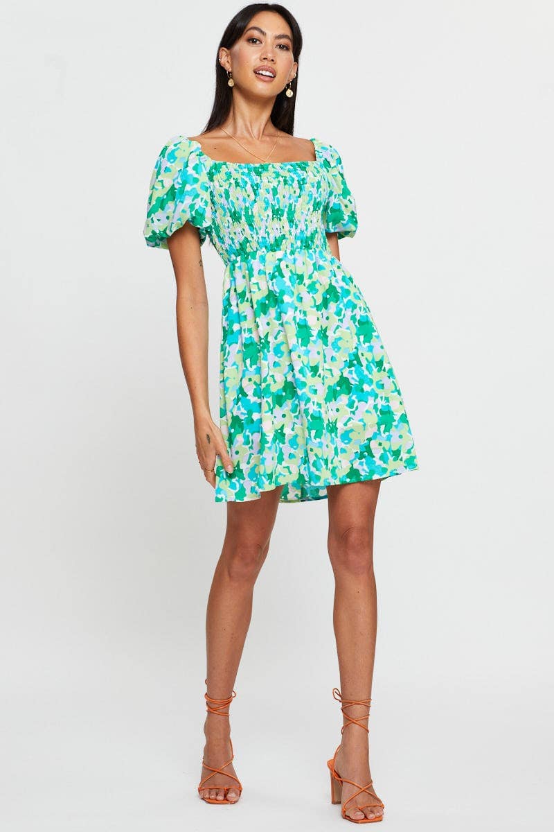 Print Fit And Flare Dress Short Sleeve Square Neck