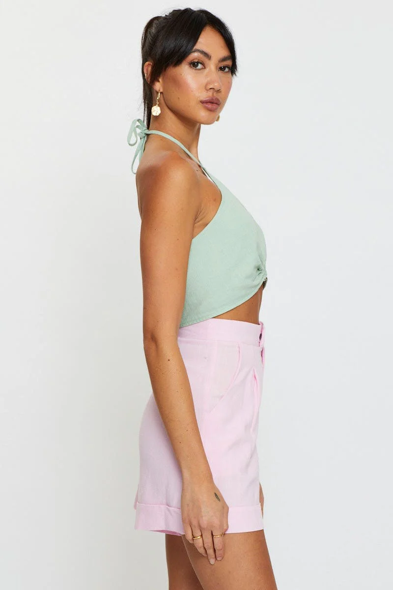 Pink Mini Shorts High Rise Linen Blend