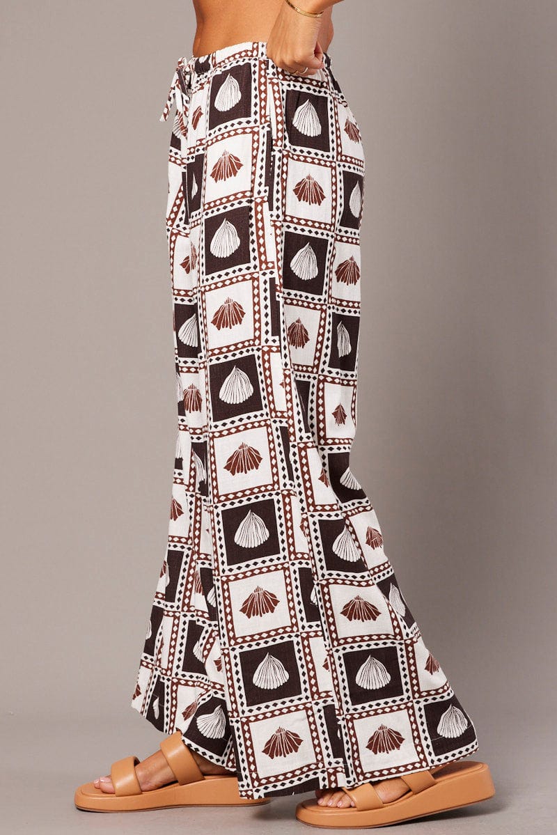 Brown Abstract Wide Leg Pants High Rise