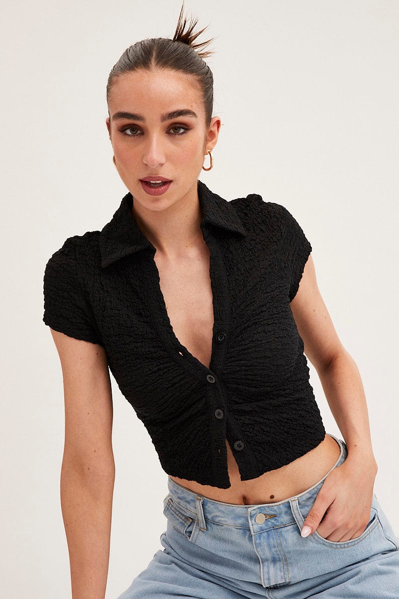 Black Crop Top Short Sleeve Collared Button Up Textured