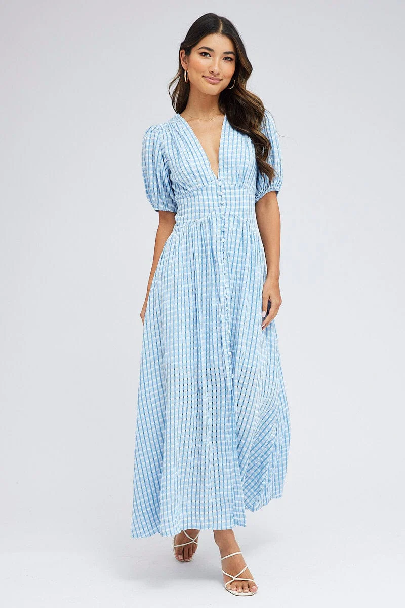 Blue Check Midi Dress Puff Sleeve