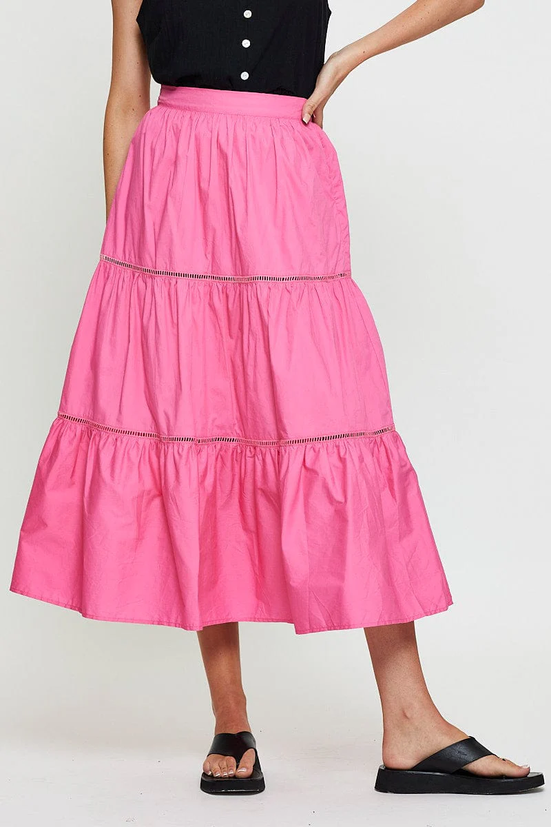 Pink Maxi Skirt High Rise Tiered Cotton