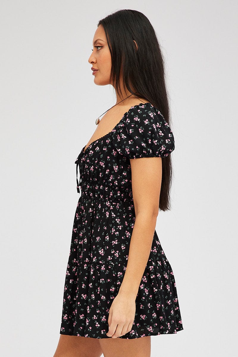 Black Floral Fit And Flare Dress Puff Sleeve Mini