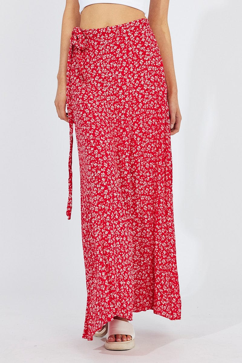 Red Floral Maxi Skirt High Rise Wrap