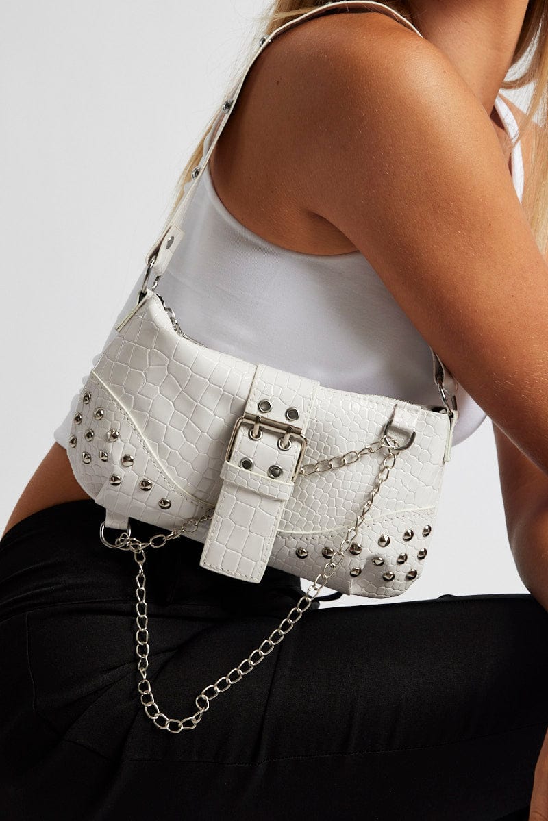 White Shoulder Bag with Studding