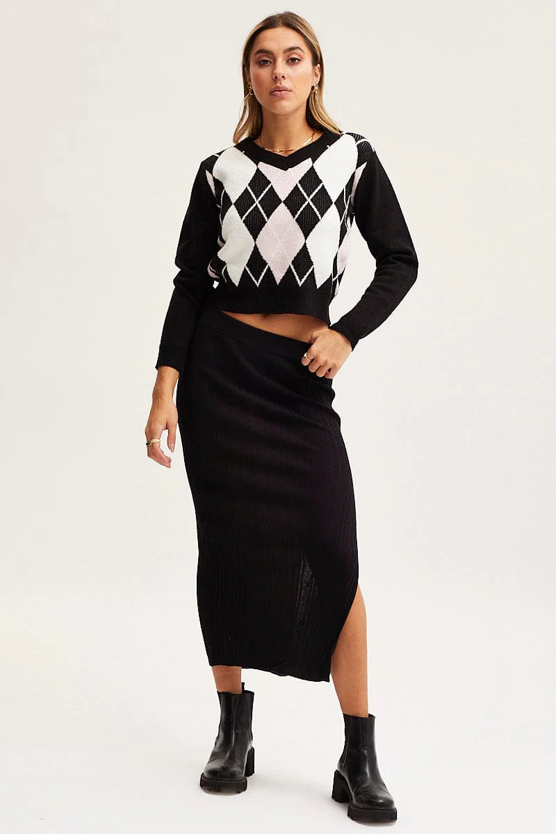 Check Knit Top Long Sleeve Argyle