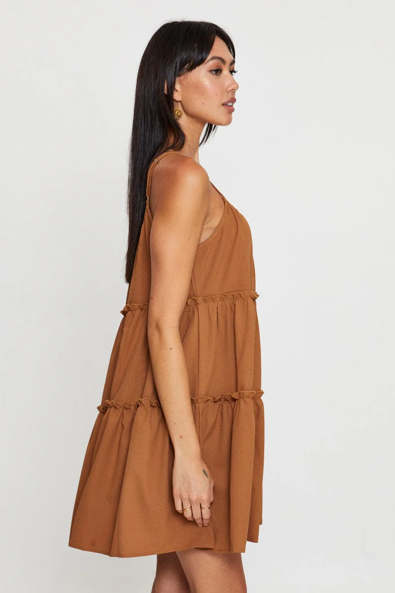 Brown Fit And Flare Dress Sleeveless Tie Shoulder