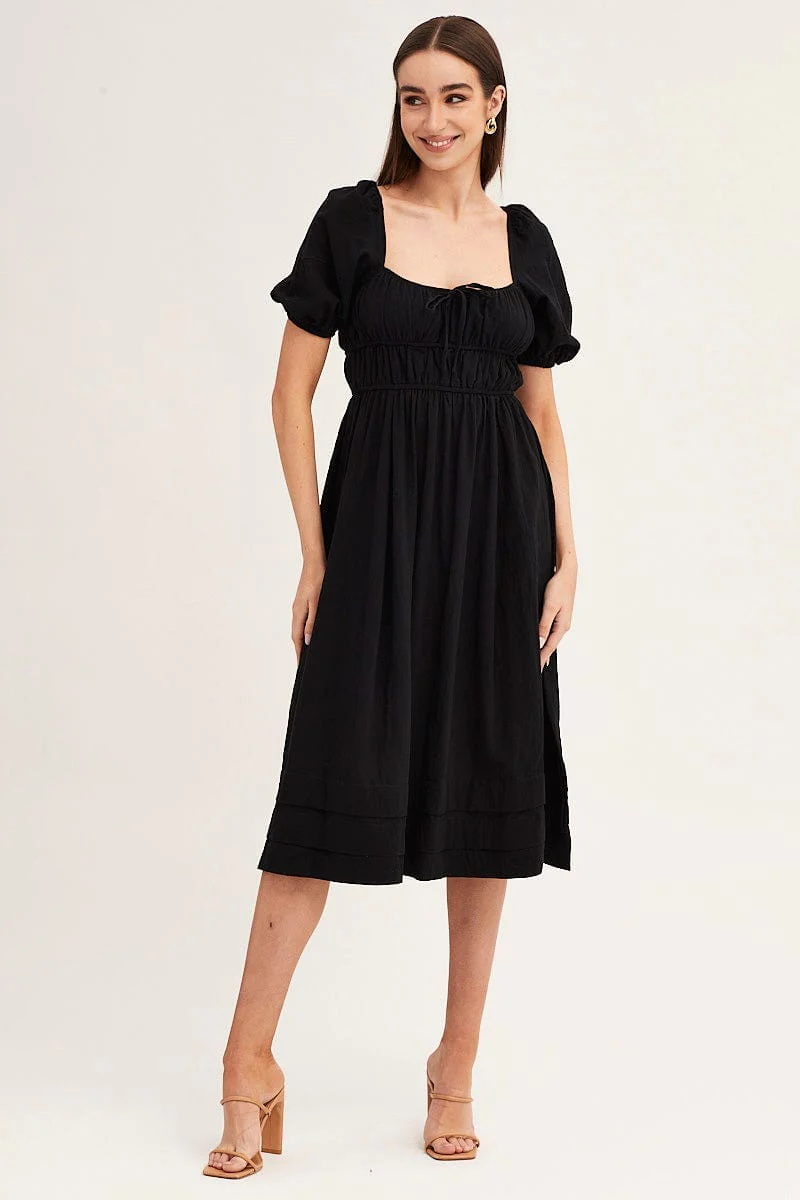 Black Short Sleeve Ruched Midi Dress
