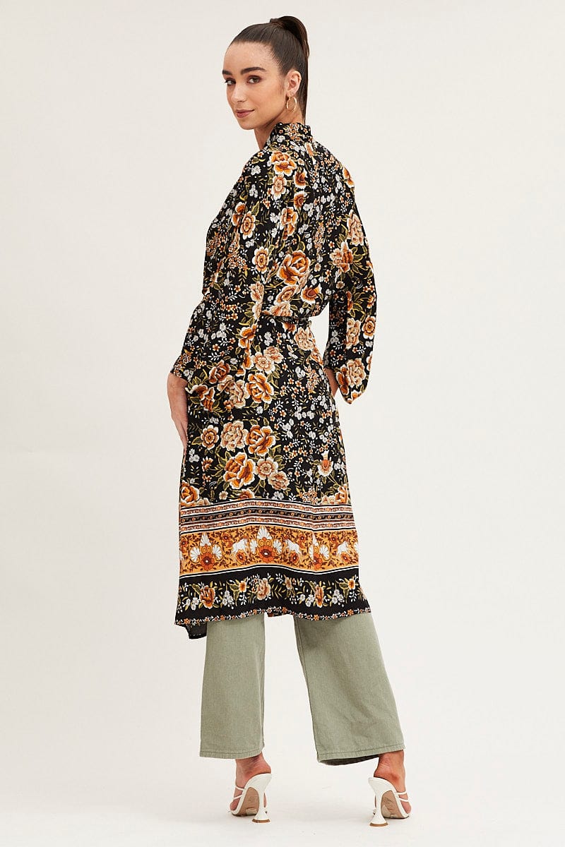 Boho Print Long Sleeve Longline Kimono
