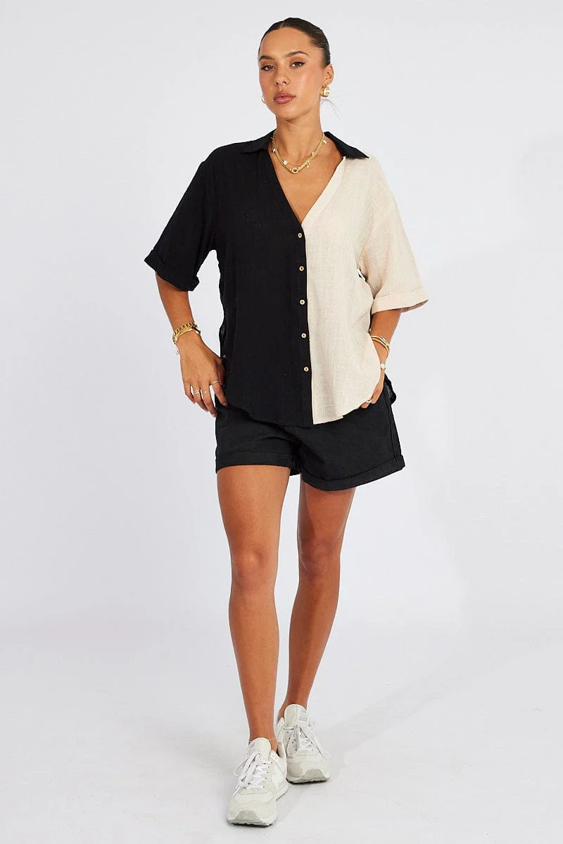 Black Colour Block Shirt Half Sleeve Relaxed Linen