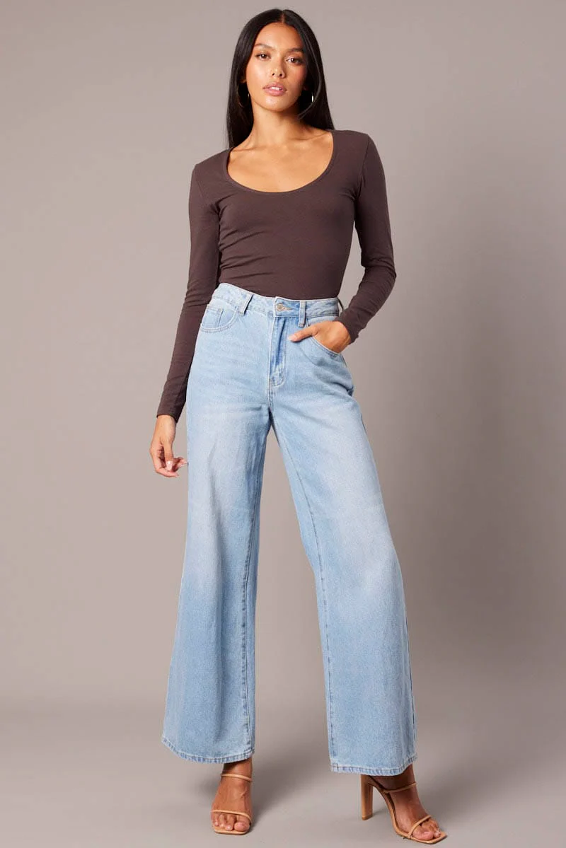 Brown Top Long Sleeve Scoop Neck