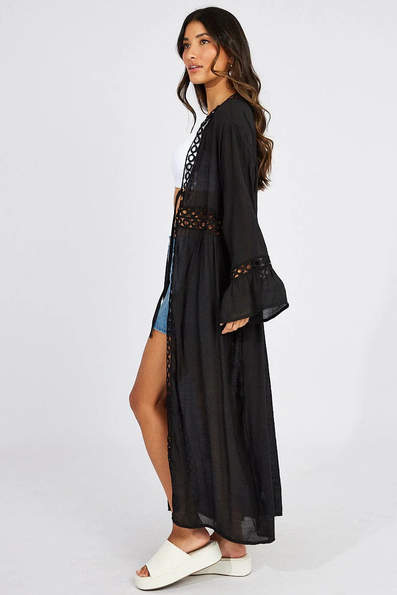 Black Tie Front Kimono Long Sleeve Longline