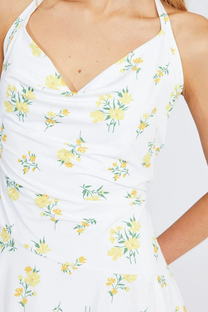 White Floral Ruffle Dress Halter Neck Bouquet Mini dress