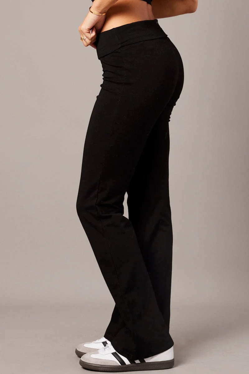 Black Leggings Mid Rise Fold Over Waist Flared Leg