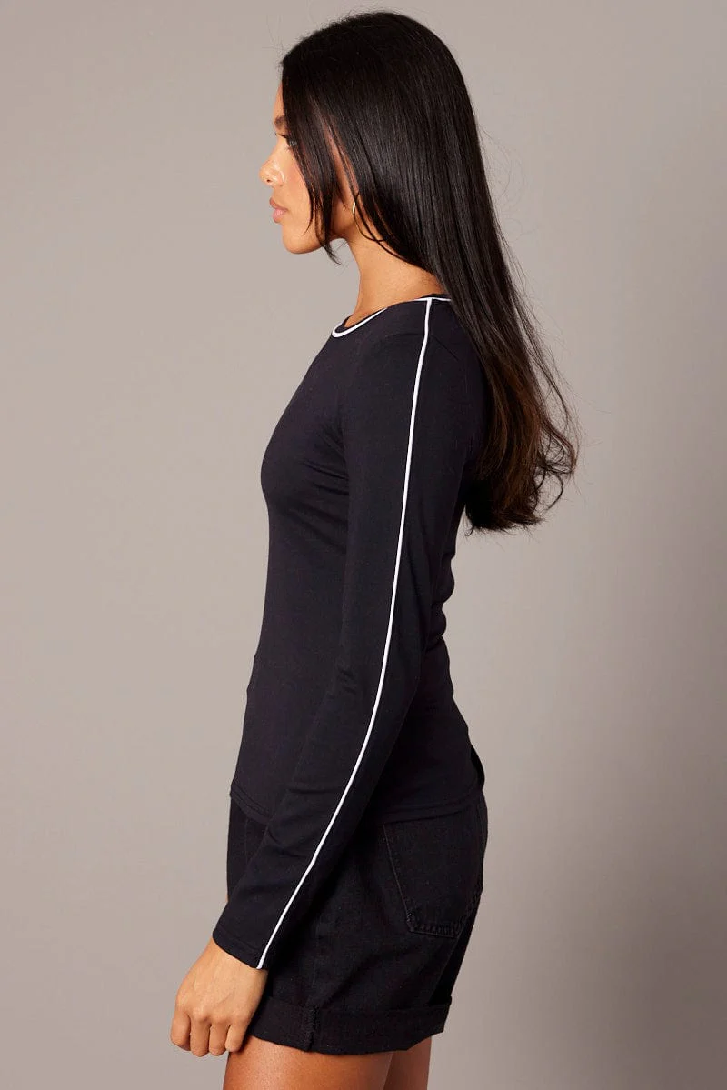 Black Contrast Tipped Top Long Sleeve Supersoft