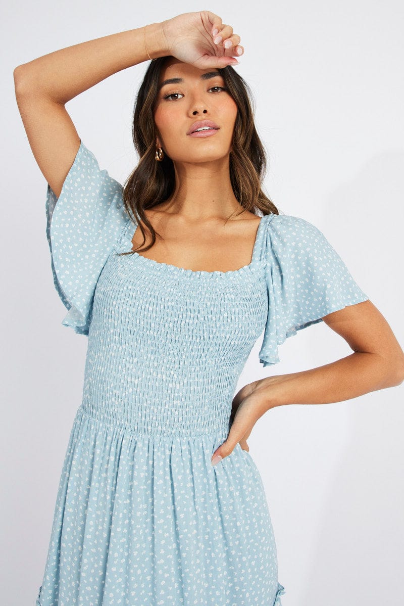 Blue Ditsy Maxi Dress Short Sleeve Shirred
