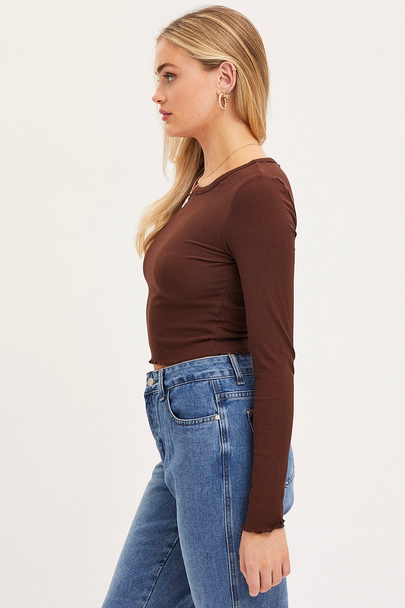 Brown Top Long Sleeve Crew Neck