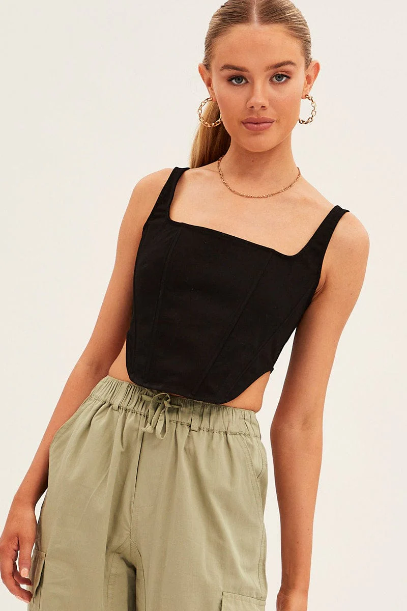 Black Corset Top Sleeveless Square Neck Structured