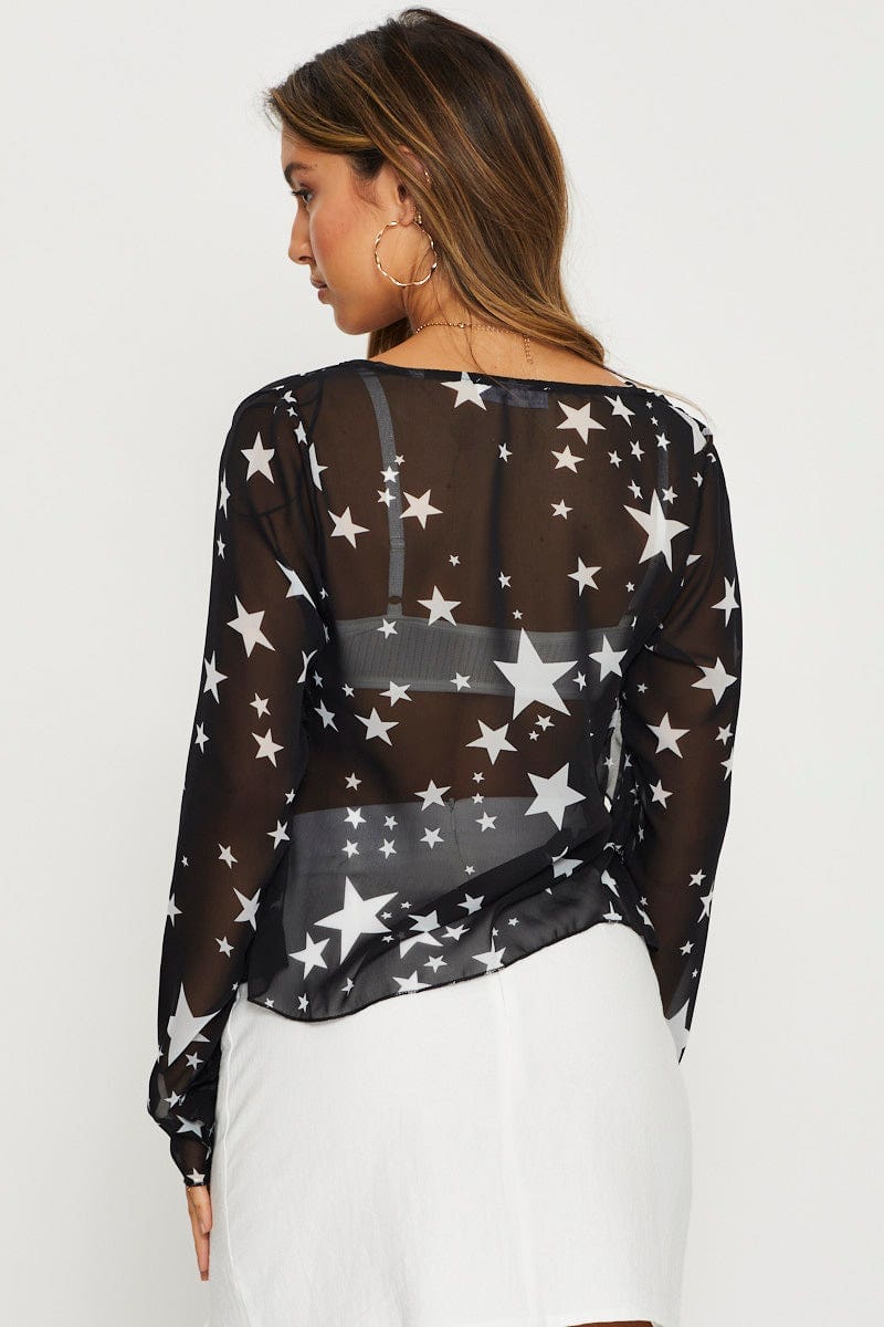 Print Sheer Top Long Sleeve