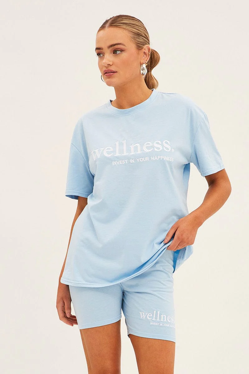 Blue Embroided T And Biker Shorts Set