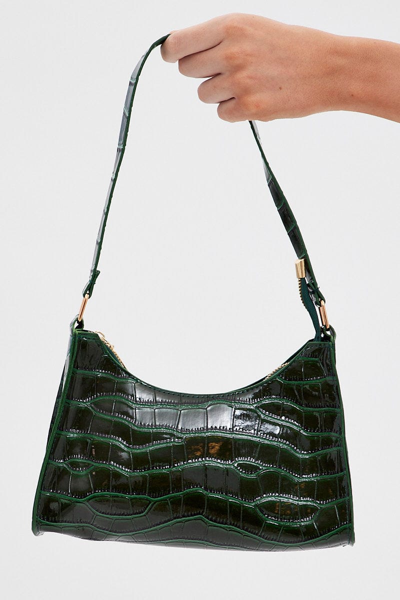 Green Croc Print Shoulder Bag