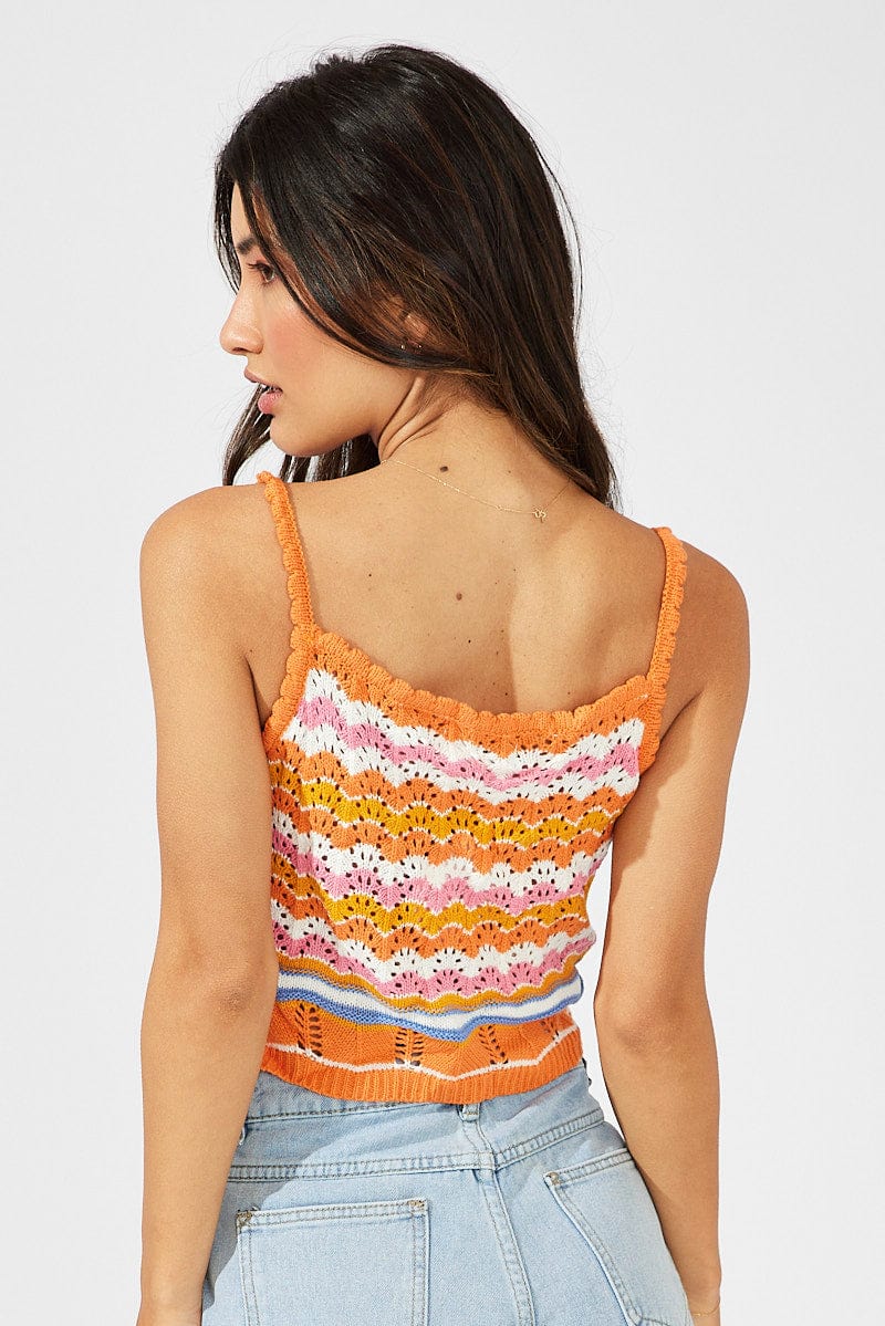 Orange Stripe Knit Singlet Sleeveless Scoop Neck Crochet