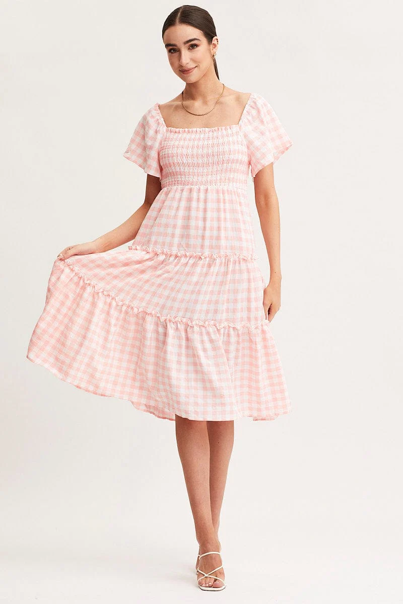 Check Dress Short Sleeve Midi