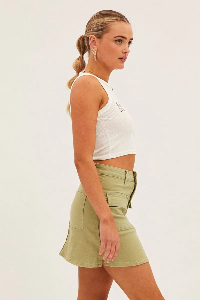 Green High Rise Cargo Mini Denim Skirt