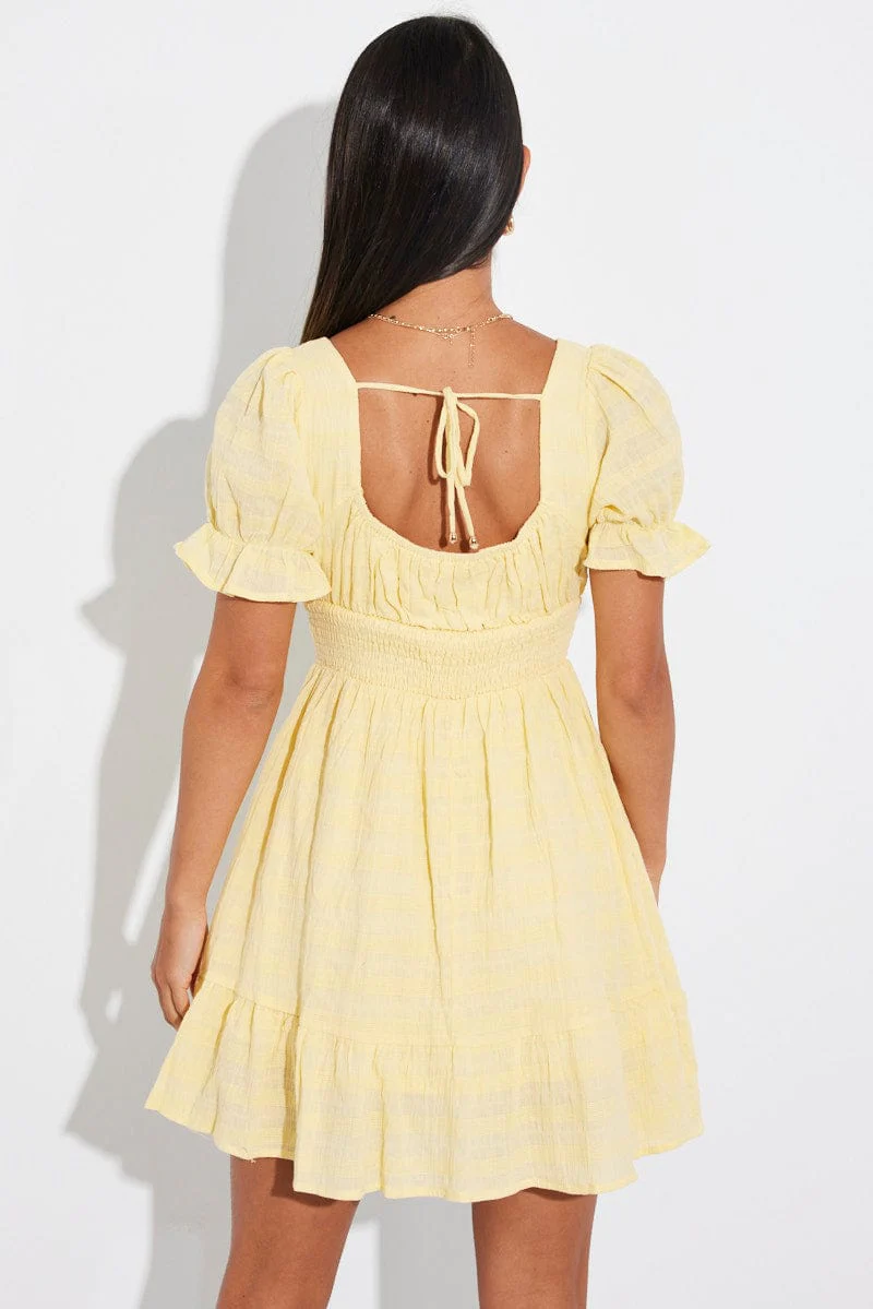 Yellow Fit And Flare Dress Puff Sleeve