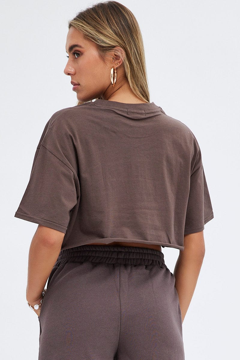 Brown Graphic Crop Top Short Sleeve