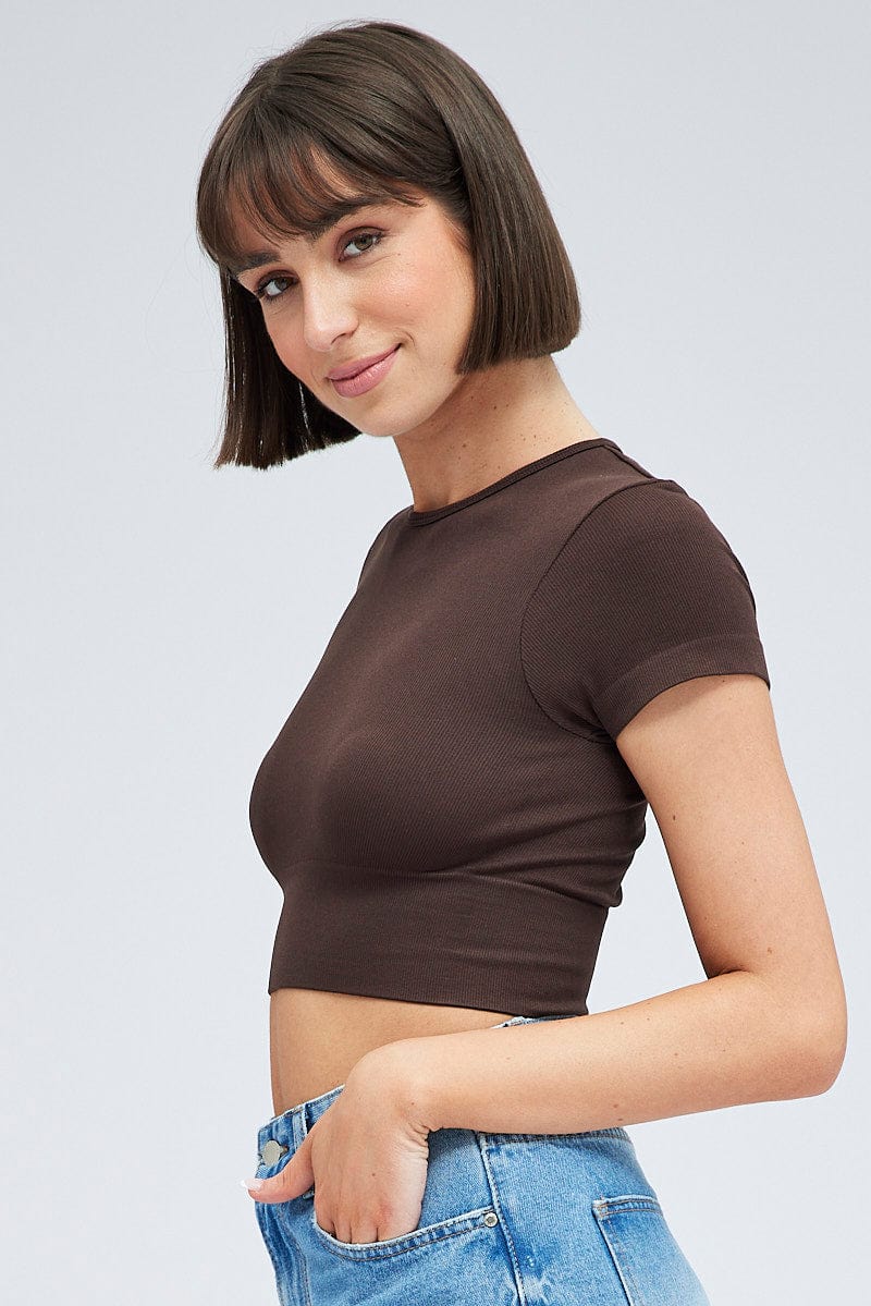 Brown T Shirt Short Sleeve Crew Neck Seamless