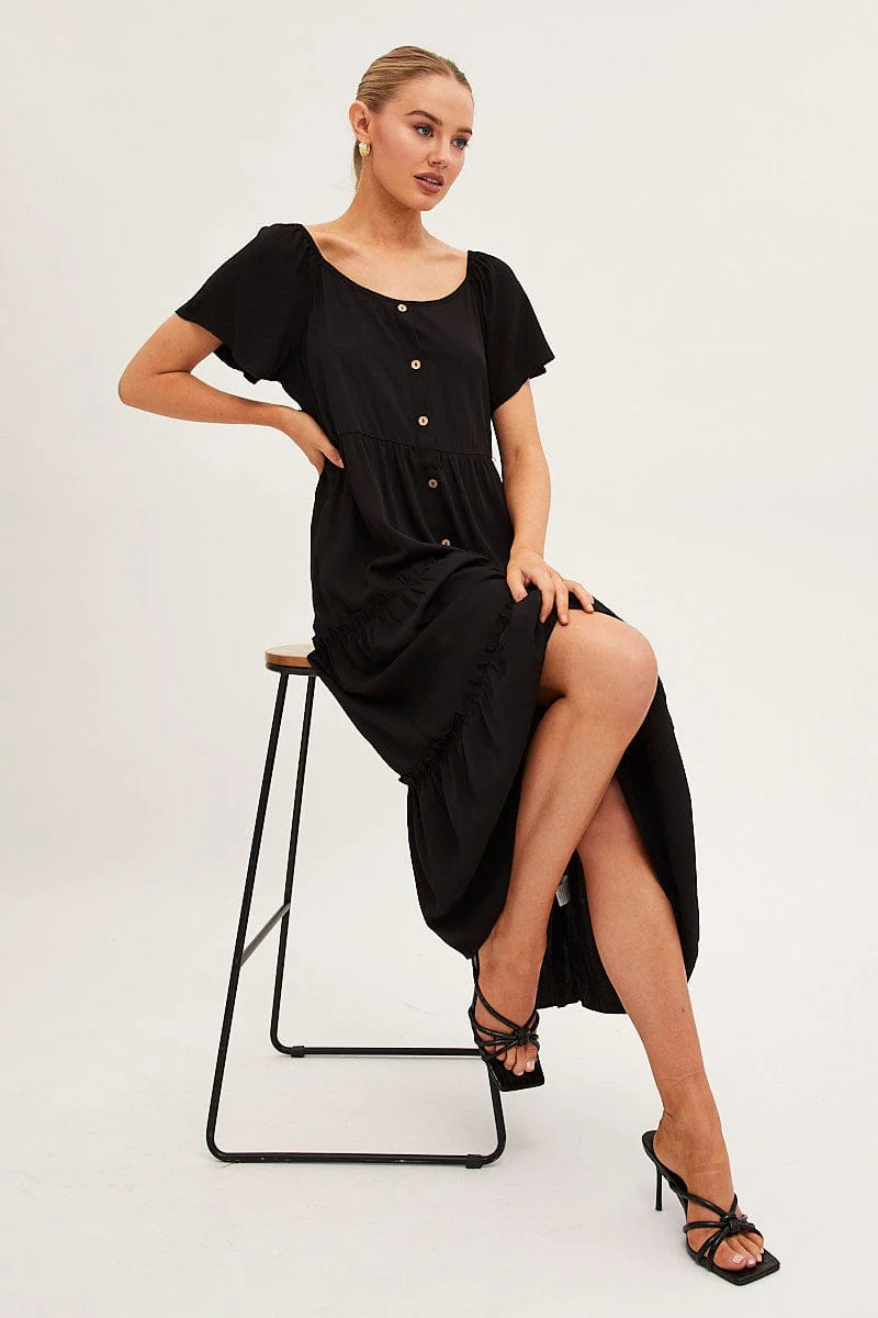 Black Button Short Sleeve Maxi Dress