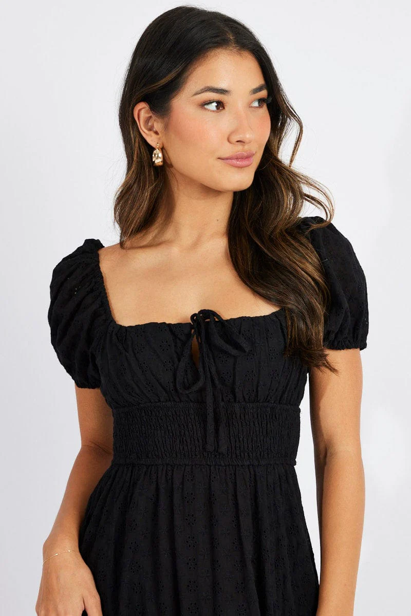 Black Maxi Dress Puff Sleeve Eyelet