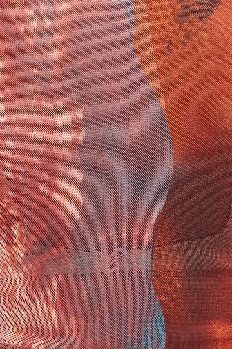 Brown Abstract Top High Neck Long Sleeve Abstract Print Mesh