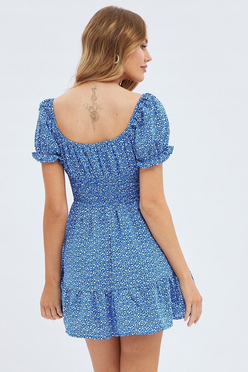 Blue Floral Fit And Flare Dress Short Sleeve Mini