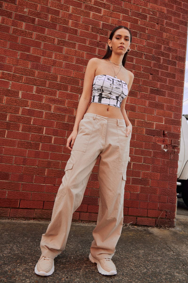 Beige Cargo Pant Mid Rise