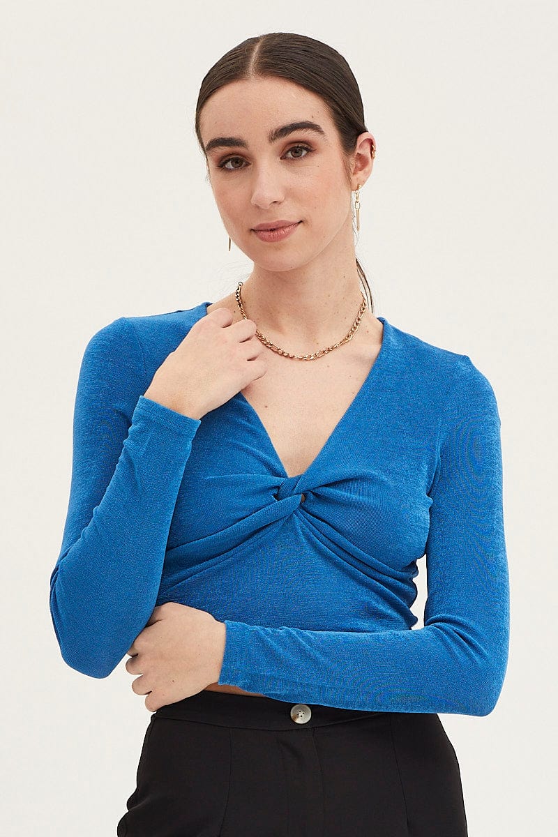 Blue Top Long Sleeve V Neck