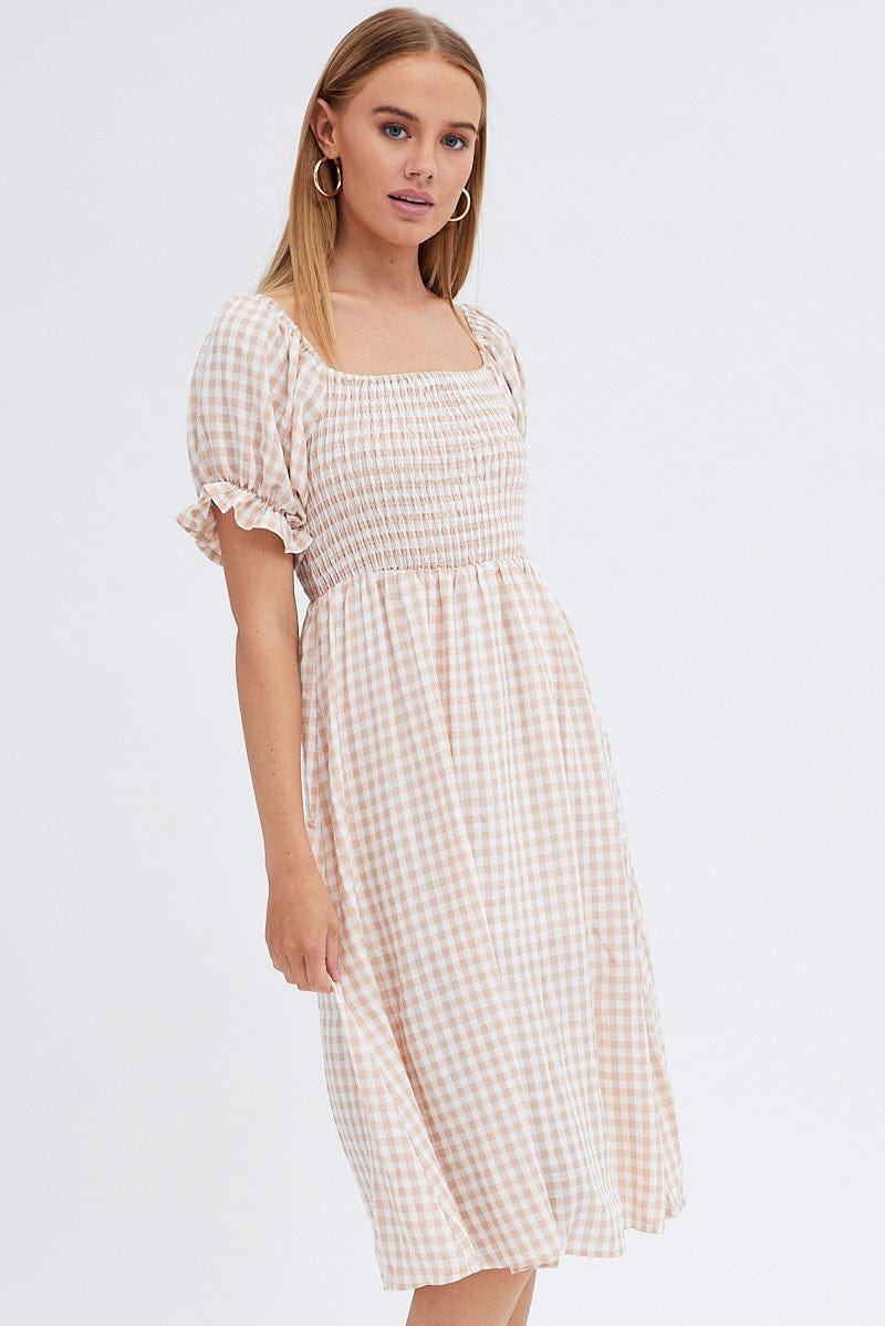 Check Mini Dress Short Sleeve Square Neck