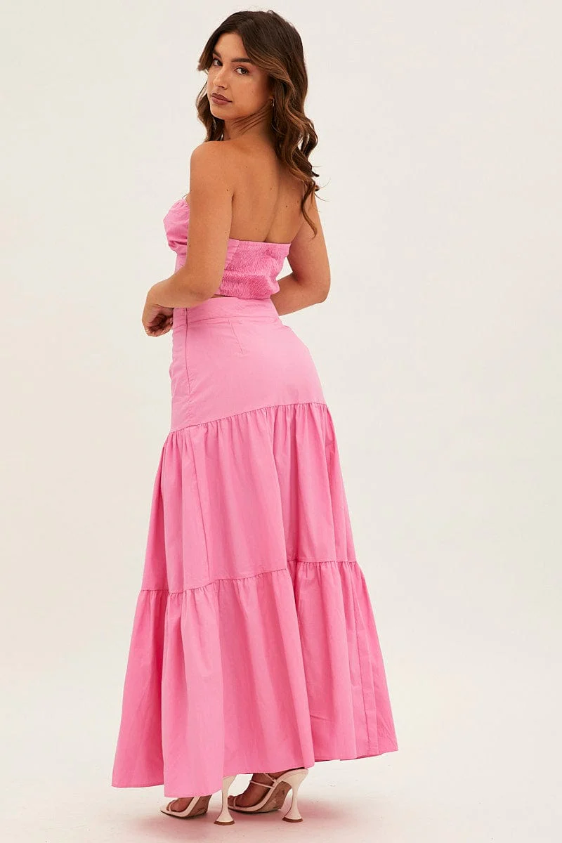 Pink Maxi Skirt High Rise Tiered