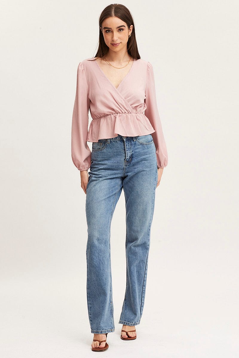Pink Wrap Front Top Long Sleeve