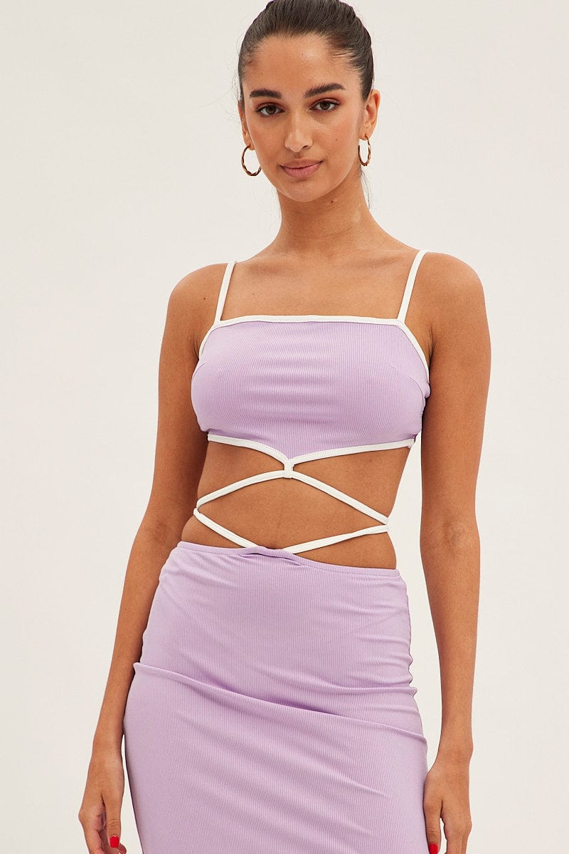 Purple Tie Top Sleeveless Crop Contrast Ribbed
