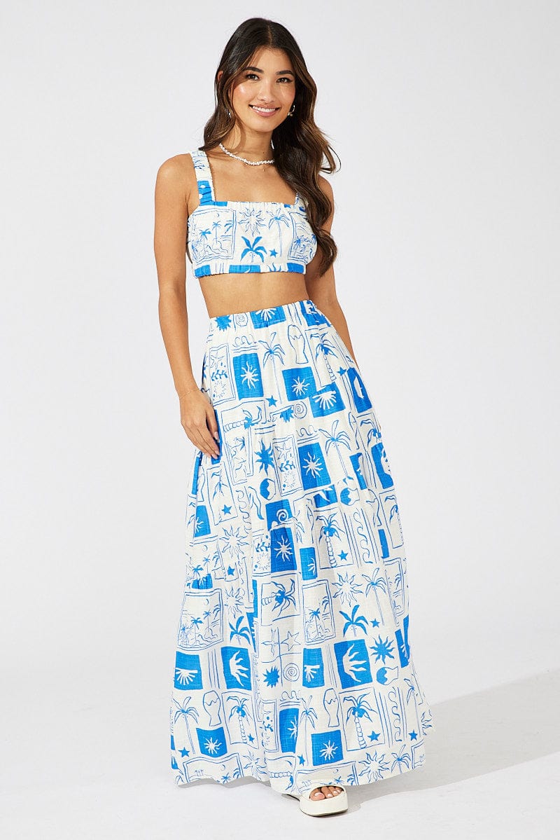 Blue Asymmetric Tiered Maxi Skirt