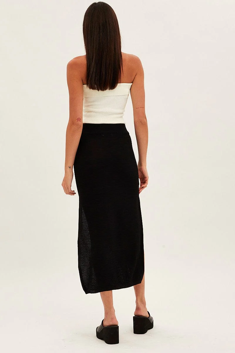 Black Midi Skirt Knit Front Split