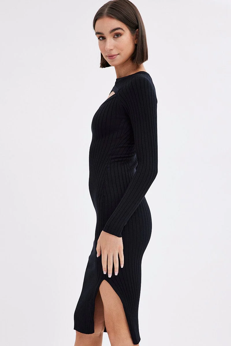 Black Midi Dress Long Sleeve Round Neck Keyhole Rib Knit