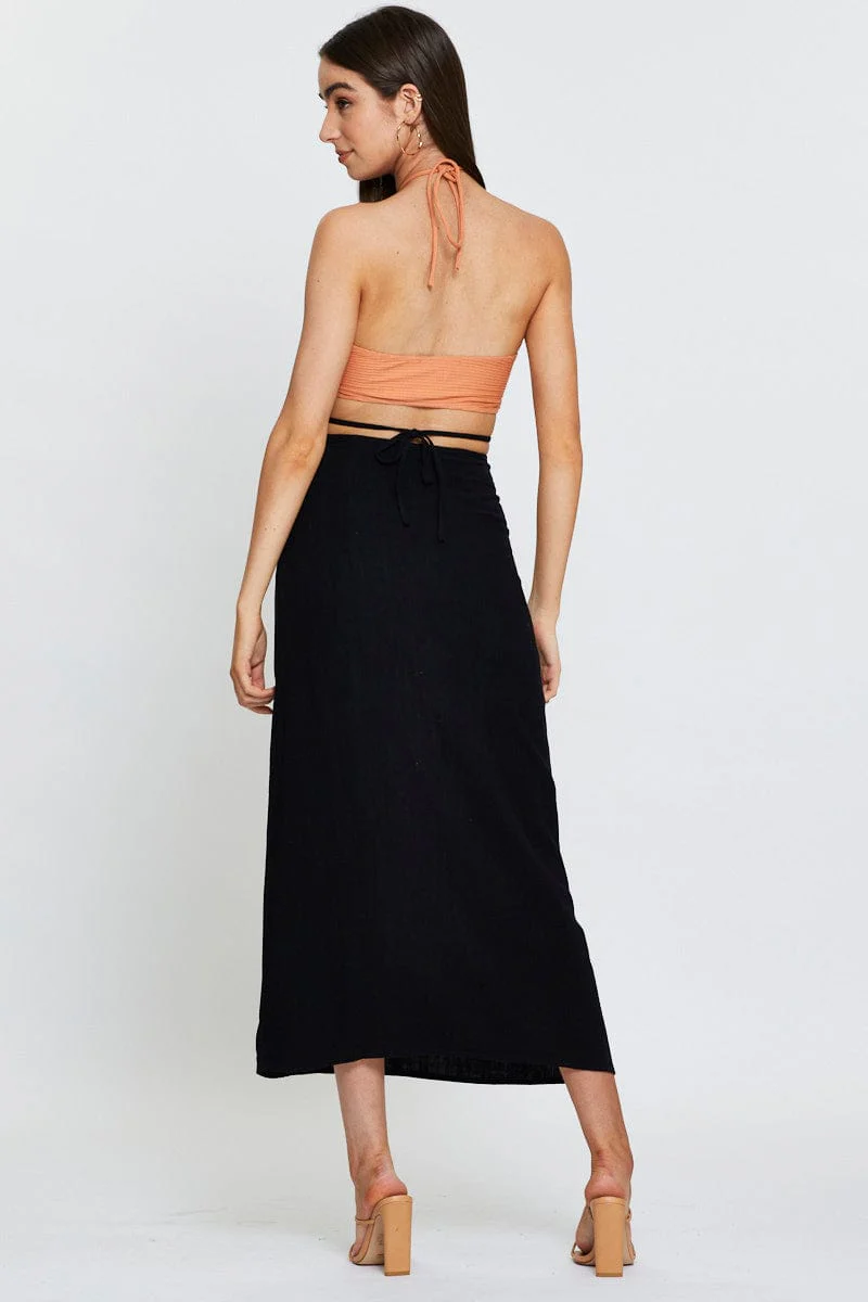 Black Linen Blend Wrap Tie Waist Maxi Skirt