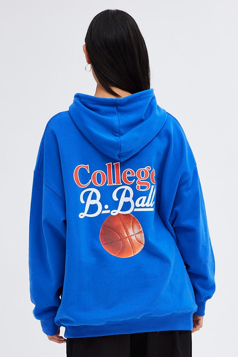 Blue Hoodie Sweater Long Sleeve Longline Basketball