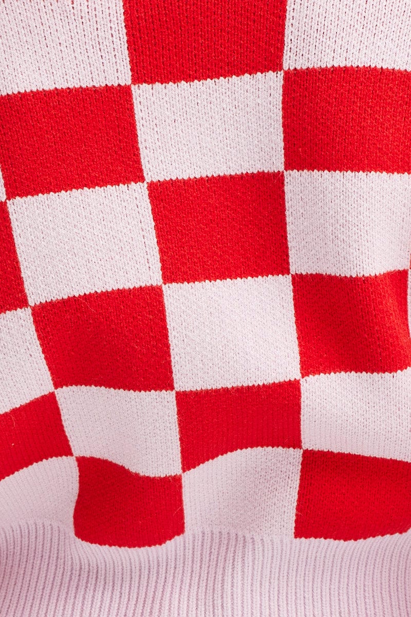 Check Knit Cardigan Long Sleeve Crop V-Neck